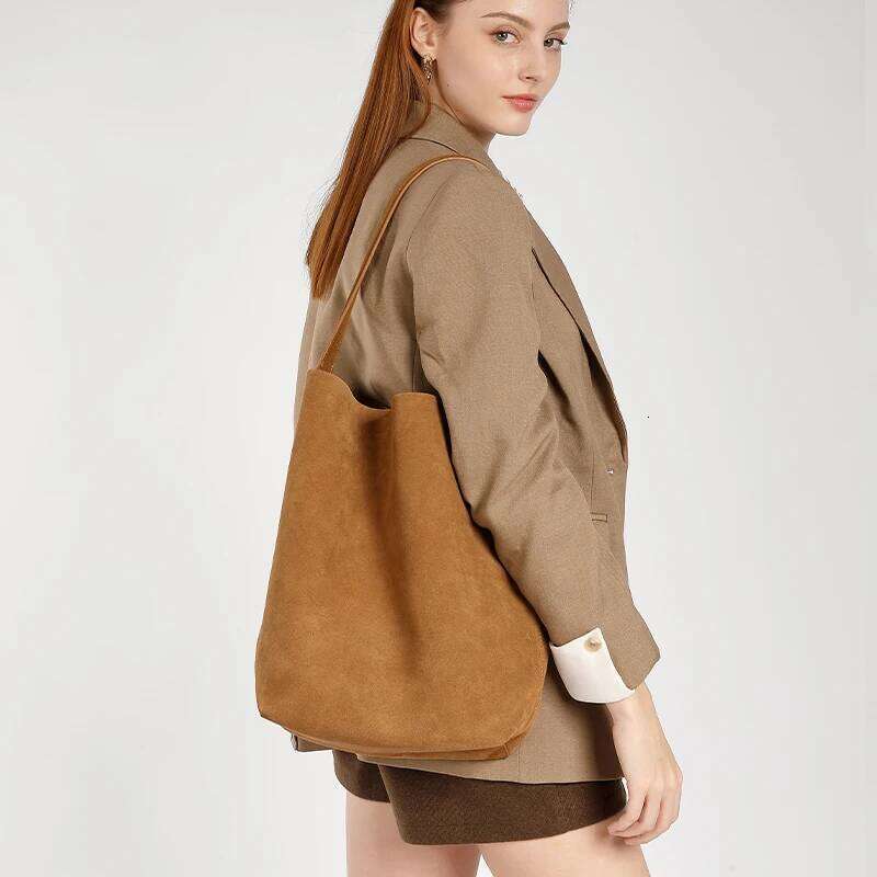 Frosted Cowhide Vintage Women's Large Capacity Suede Fashion Bucket Shoulder Bag Solid Color Simple Casual Commuter Bags