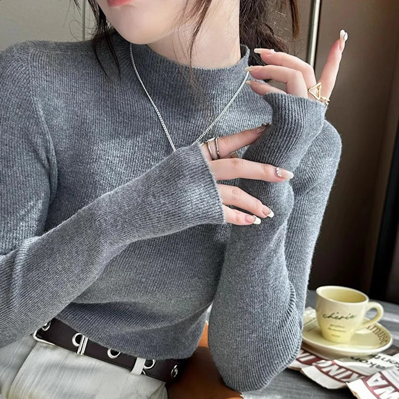 Half Turtleneck Solid Basic Sweater For Women Autumn Winter Korean Fashion Long Sleeve Slim Knitted Tops Pullover Warm Clothes 250911