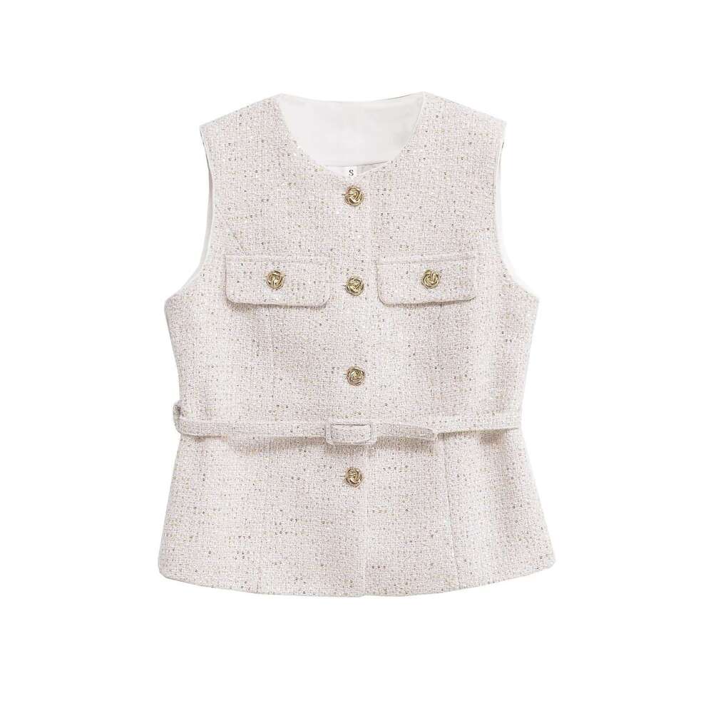 DHEssentials Ins Women's Fashion 20205 New Round Neck Waist-Cinching Little Chanel Style Multi-Color Belt Decorated Vest