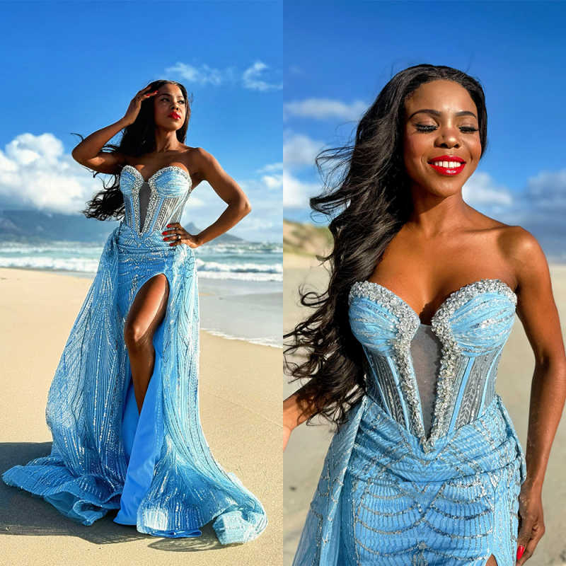 Sky Blue Two Pieces Prom Dresses With Overskirt Crystal Beading Sweetheart Neck Guest Gowns Dubai Arabic Vacation Party Night Customized