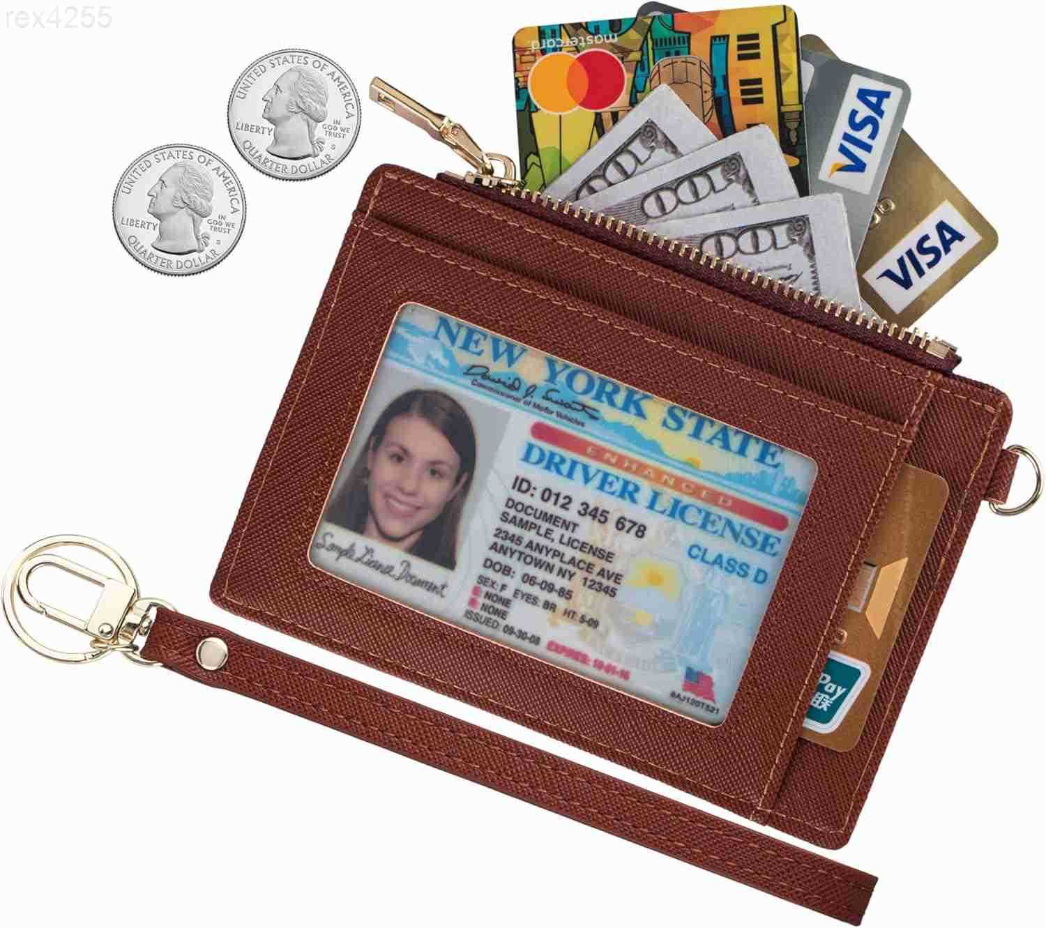 Women Slim Rfid Blocking Credit Card Case Holder Wristlet Zip ID Case Wallet Small Compact Leather Wallet Coin Purse with Keychain BeigeW250911