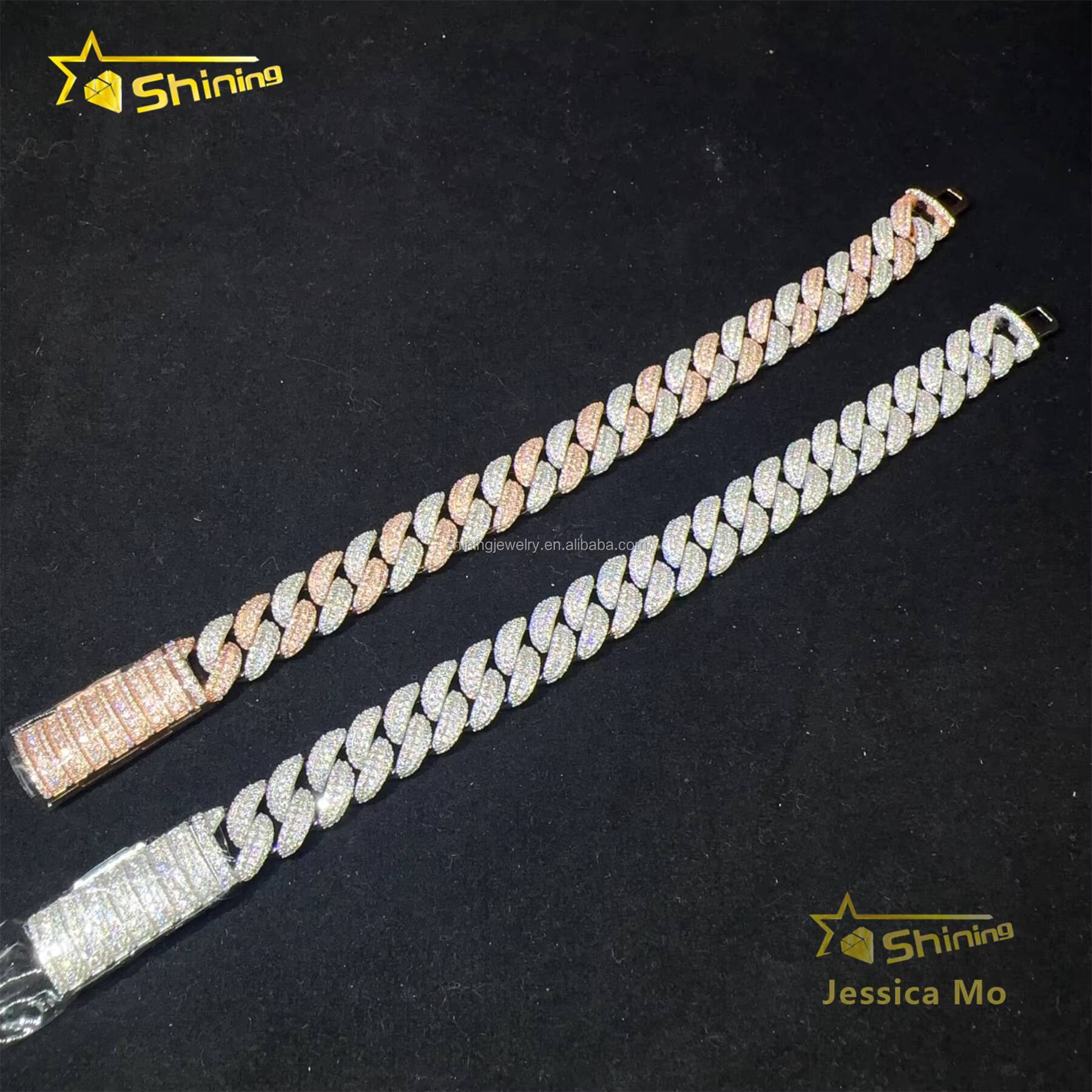 Fashion Luxury 13mm 3Rows Two Tone Color Rapper Hip Hop Jewelry VVS1 Moissanite Iced Out S925 Silver Miami Cuban Bracelet