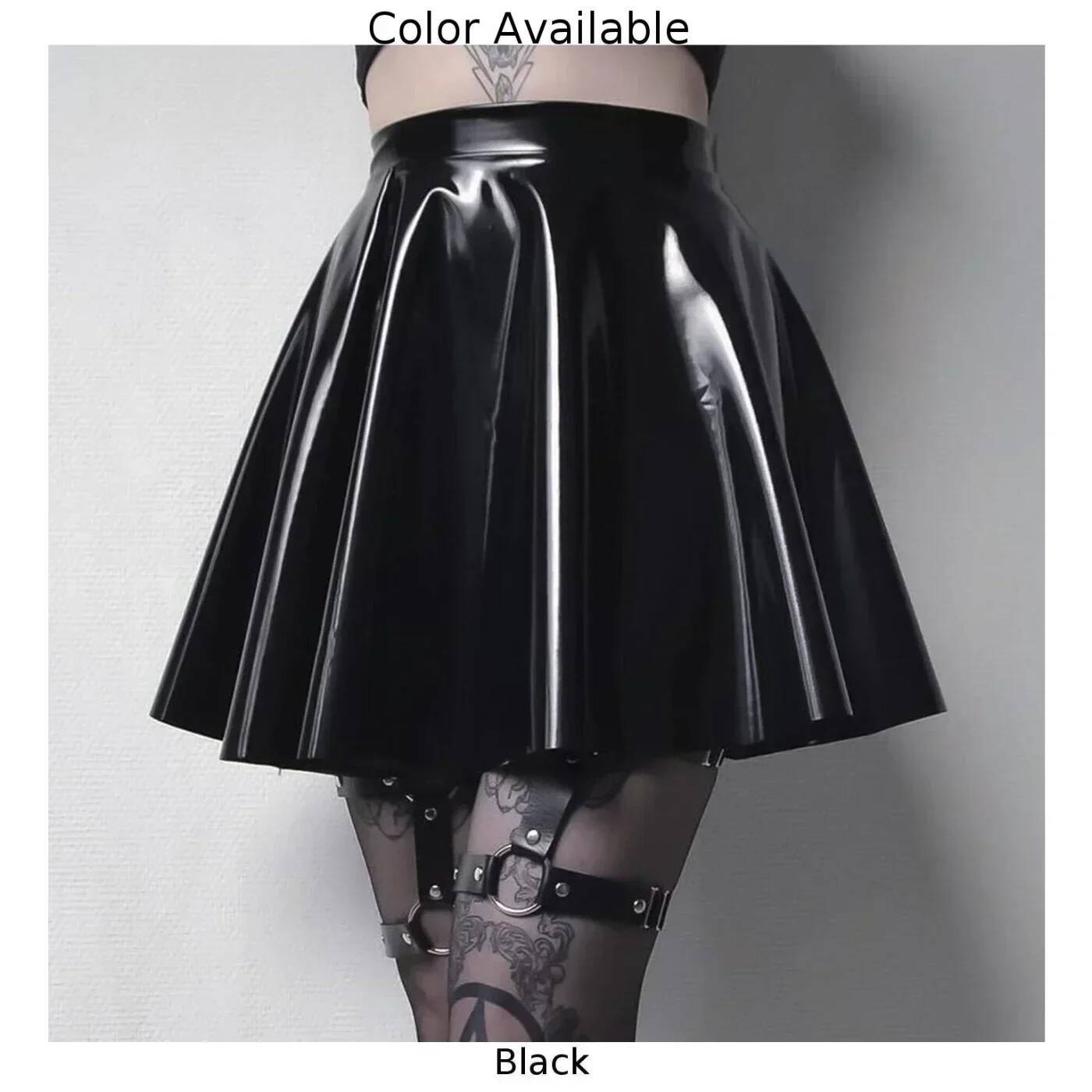 Womens Shiny PVC Patent Sexy Wet Look Leather Pleated Front Bodycon Elastic Latex Mini Short Skirt dongdumaoyi