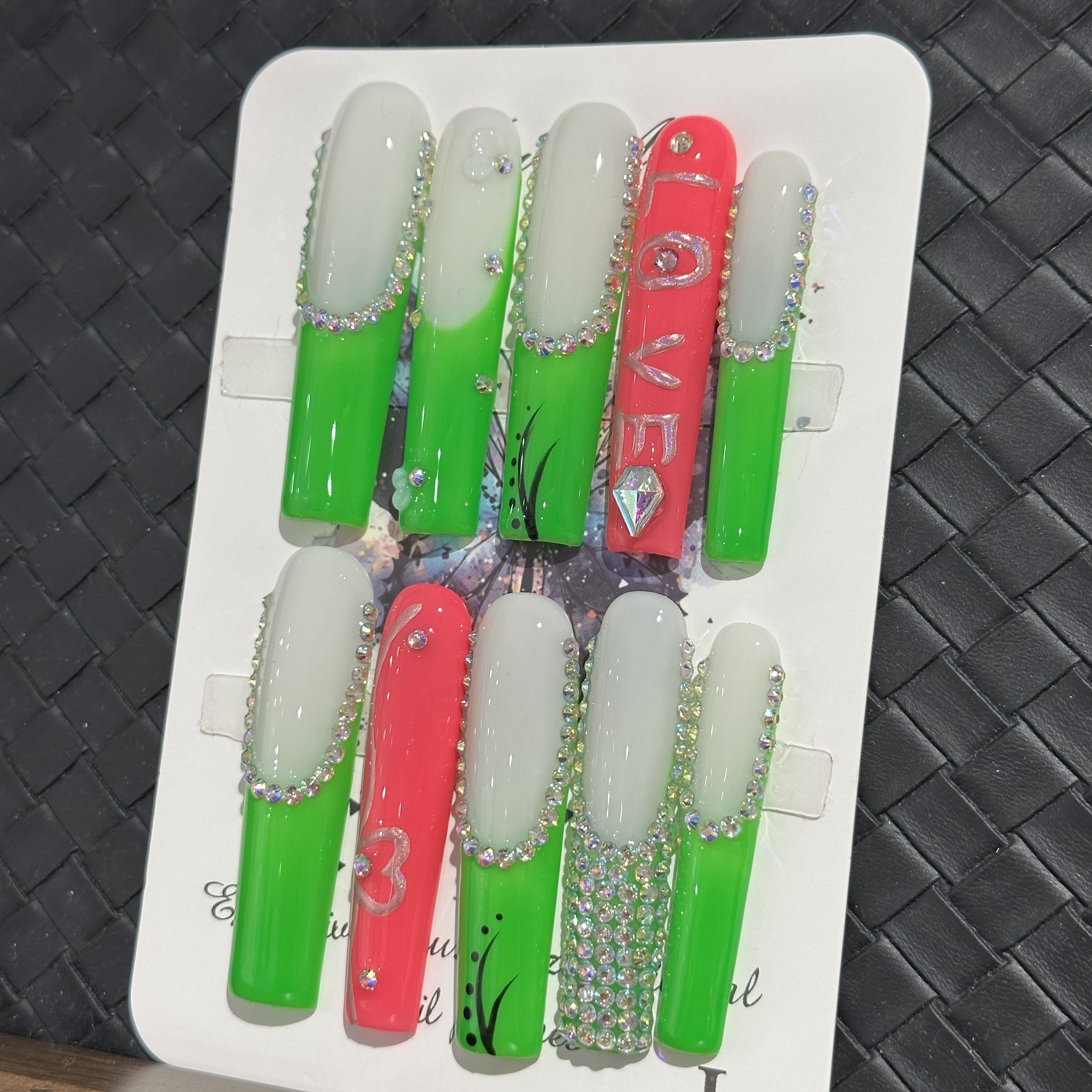 Fake nails, green pink French diamonds, hand drawn, trendy and fashionable, European and American ins style, extra long, handmade