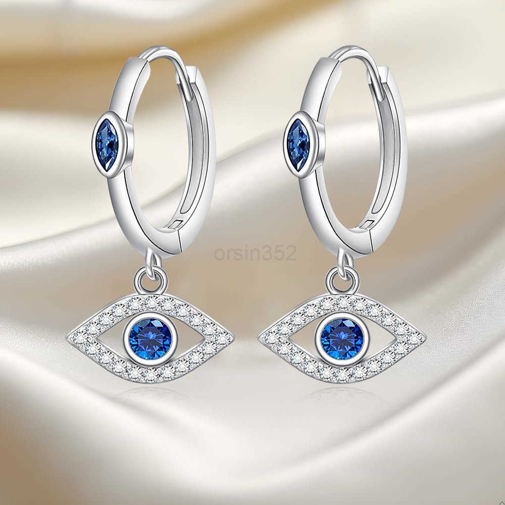 Eye Earrings for Women Sterling Silver Blue Greek Evil Eye Hoop Earrings Dangle Drop Protection Leverback Amulet Turkish Jewelry GiftsW250911