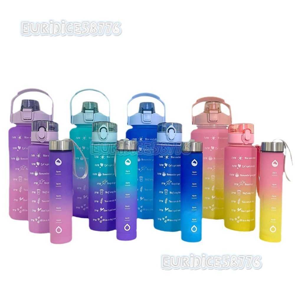 Threepiece Water Bottle Set with Handle Rope Matte Gradient Straw Plastic Water Cup Large Capacity Outdoor Sports Water Bottle H250911