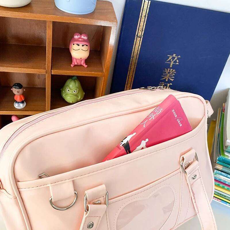 Women Jk School Handbag Large Capacity PU Anime Crossbody Transparent Love Heart Shoulder Uniform Bag For Shopping Commuting