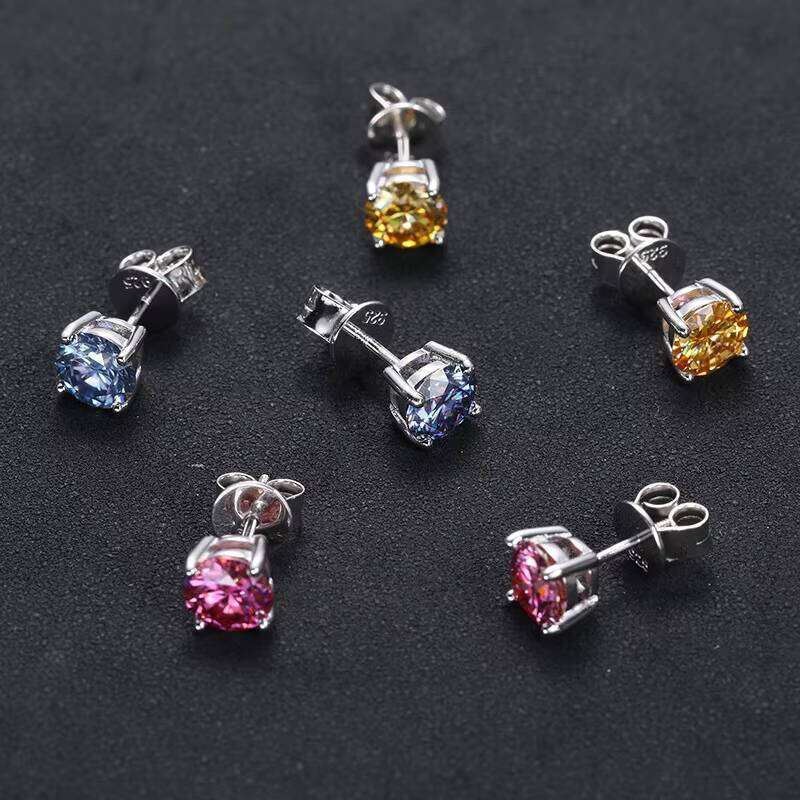 S Screw Back Men Sier Gold Earrings for Women Red Yellow Blue Moissanite Round Stud Earring