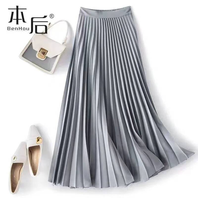 Women Vintage Midi Wide Elastic Waistband High Waist Pleated A-Line Skirt Summer Solid Color Smooth Satin Long Skirts dongdumaoyi