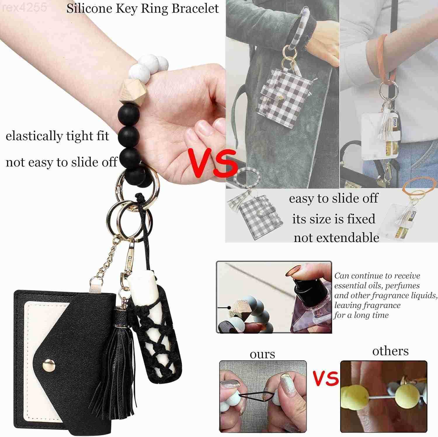 Key Ring Bracelets Wristlet Keychain Wallet with Net Chapstick Holder for WomenW250911