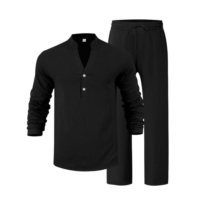 mens tracksuit Linen Lounge Set Relaxed Fit Breathable V-Neck Henley Shirt and Trousers Long Sleeve Autumn Comfort Outfit EU Size: S-3XL