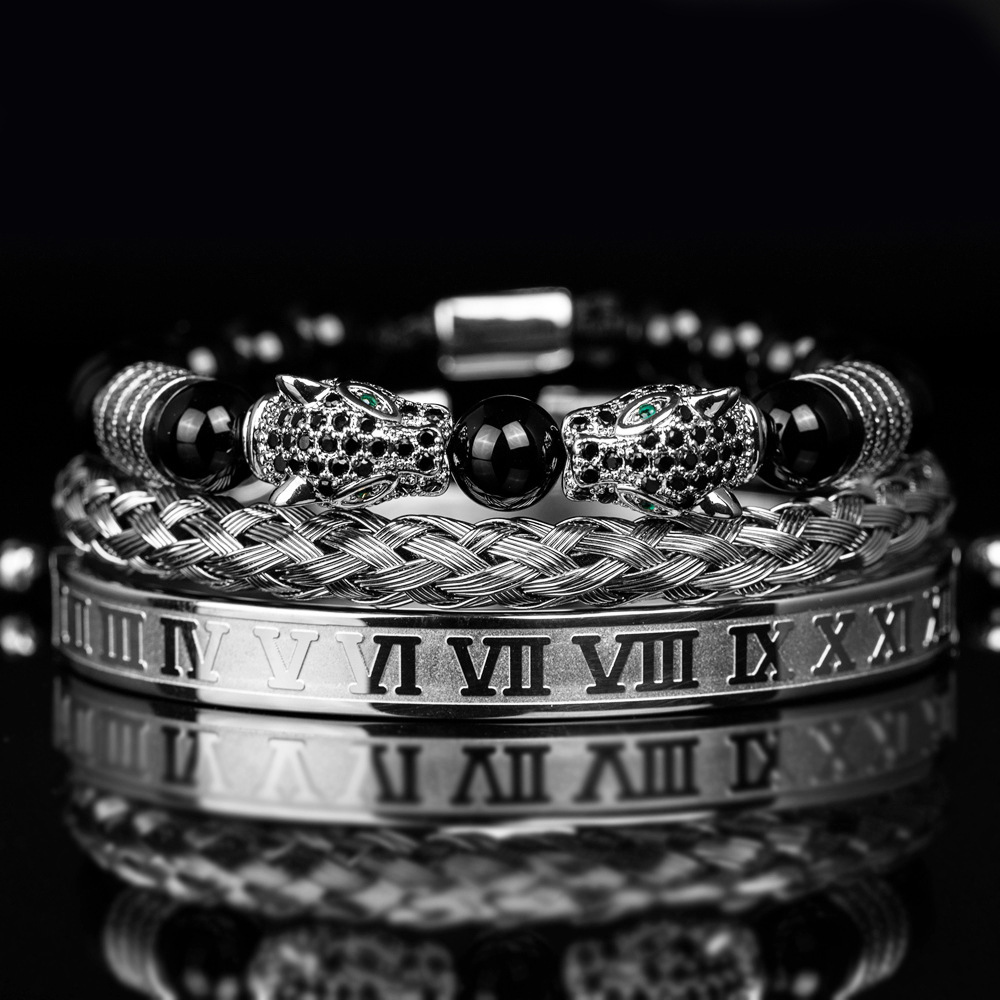 Black Double Leopard Head Braiding Stainless Steel Roman Numeral Bracelet Set Retro Designer Jewelry for Men