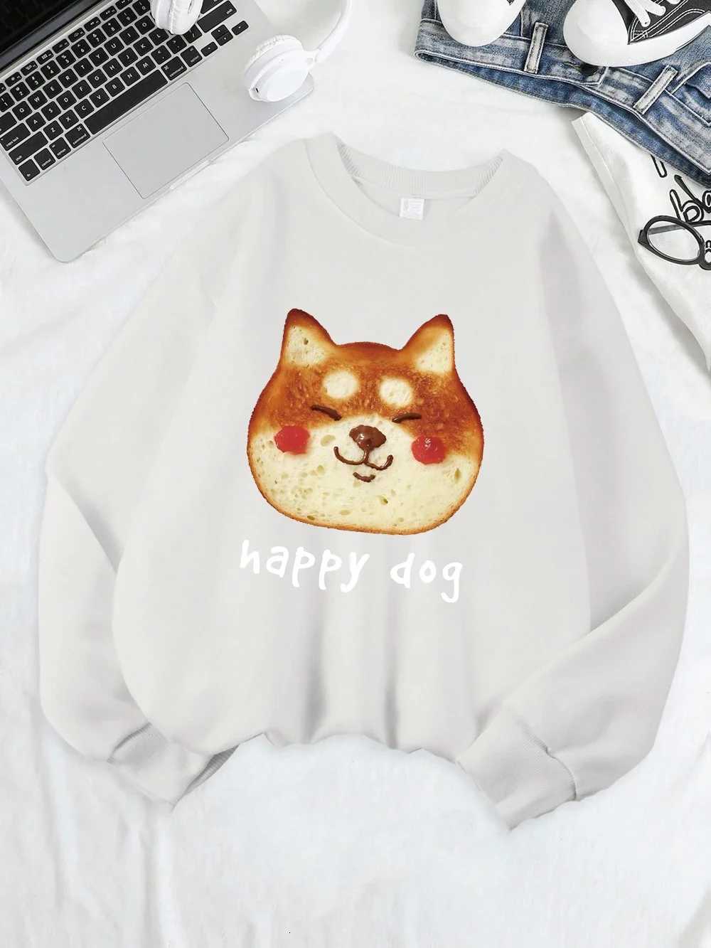 Happy Dog Cookie Printing Sweatshirt Women Fleece Warm Winter Hoodie Loose Casual Pullover Crewneck Comfortable Womans ClothesZ250918