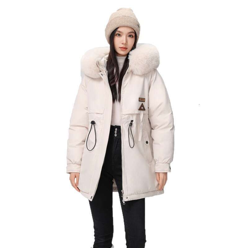 New Women's Korean Version Versatile Mid-Length Jacket Winter Fleece Cotton Coat with Large Fur Collar
