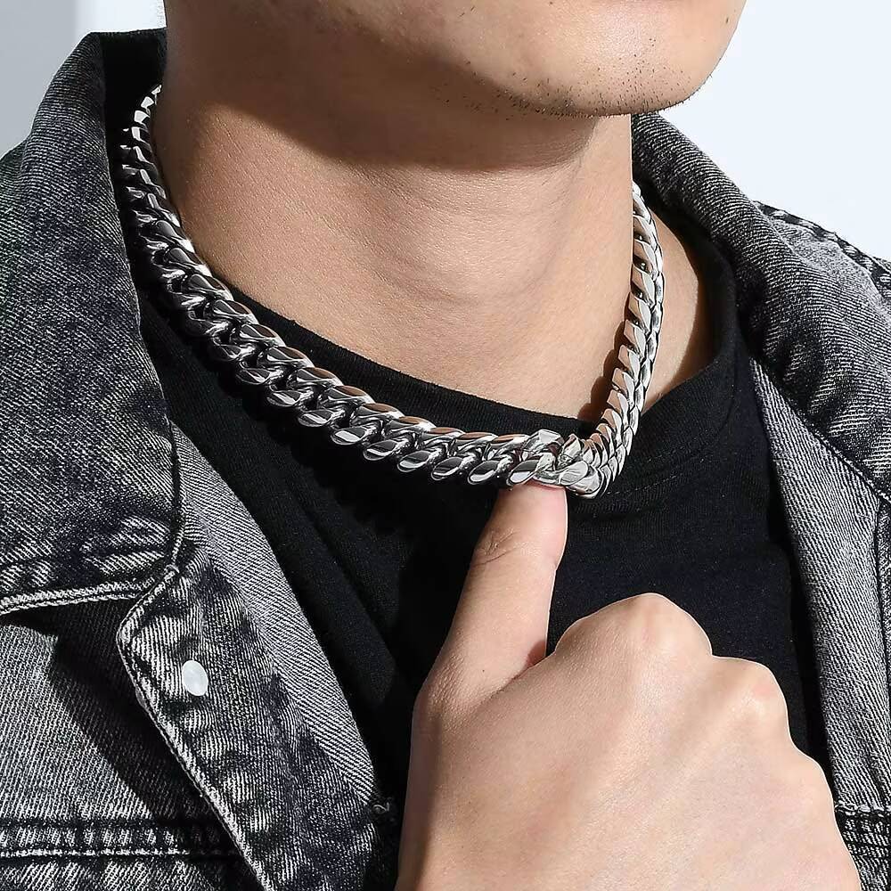 NUOYA High Polish 10mm Stainless Steel Cuban Link Chain Silver Hip Hop Necklace for Men and Women Fine Jewelry