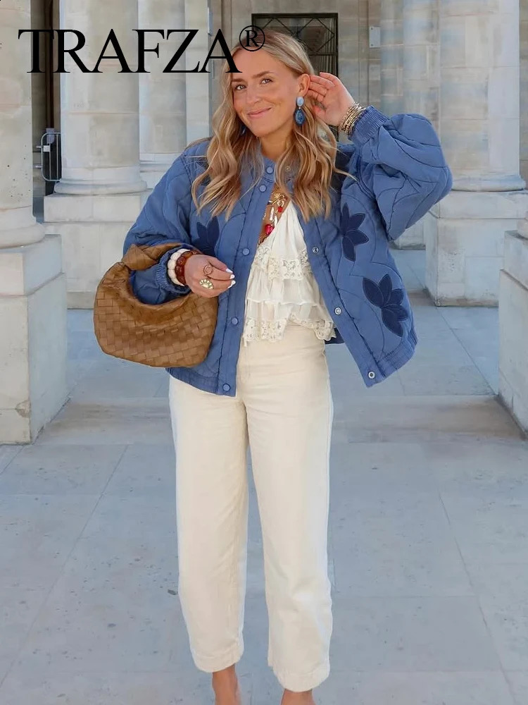 TRAFZA Fashion Women Quilted Cotton Jacket Autumn Female Long Sleeve y Padded Short Coats Lady High Street Outwear 250923