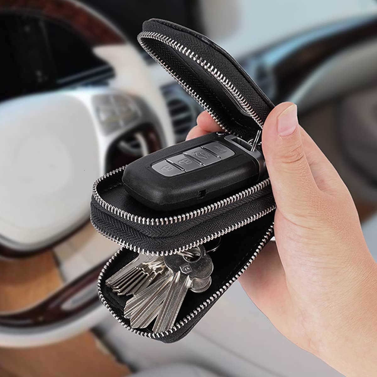 Car Key Fob Case Genuine Leather Remote Keychain Bag with Lanyard and Zipper Closure Key Protection Cover for Men Women PurpleW250911