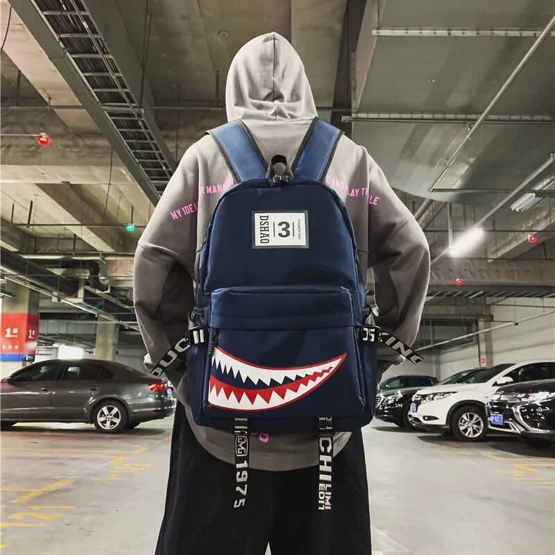 New school designer shark mouth large capacity Men's letter print teenage youth backpacks high-quality