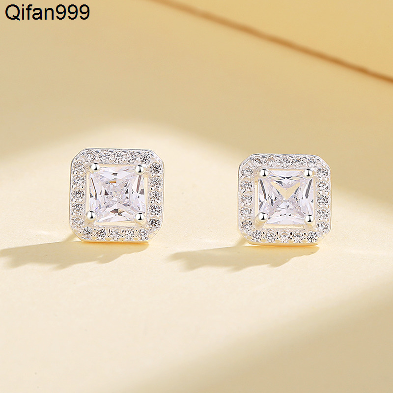 Minimalist Large White Zircon Silver Glitter Square Geometry Diamond Earrings for Women