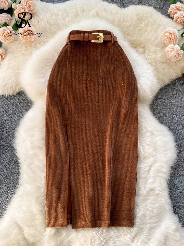 SINGREINY Women Korean Split Sexy Long 2024 Winter Corduroy Slim Thick Streetwear Fashion Vintage Autumn Bodycon Skirt dongdumaoyi