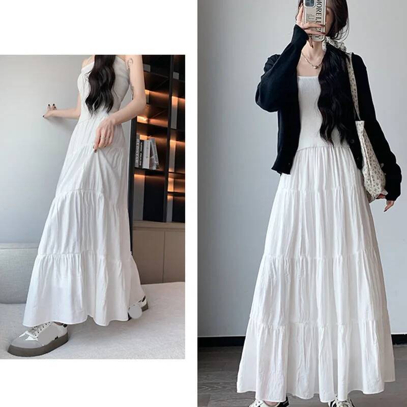 Spring Summer Women Long Fashion High Waist Elastic Patchwork A-Line Skirt Casual All-Match White Cake Maxi Skirts Female dongdumaoyi