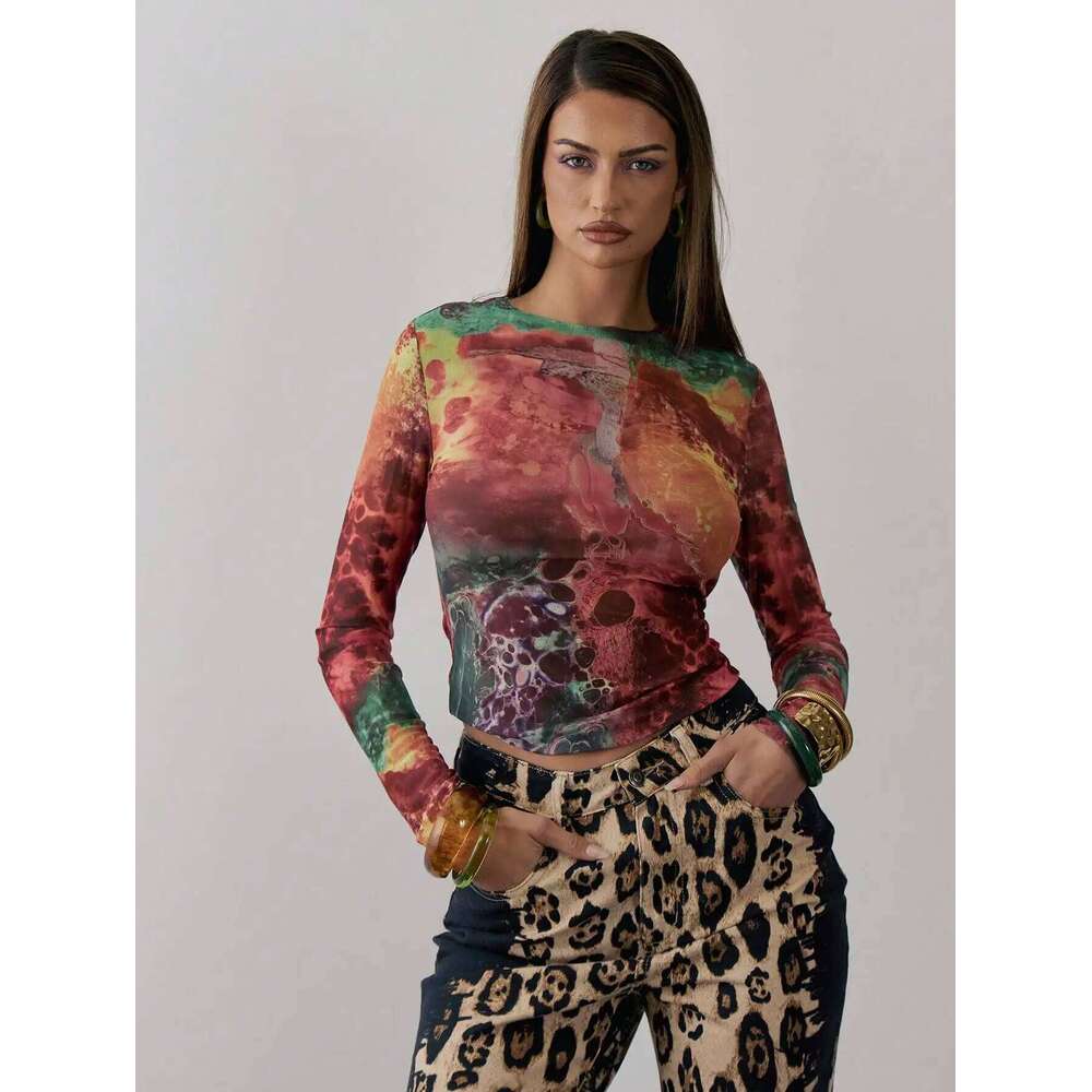 Europe And The United States Women's Spring New Mesh Tie Dye Trend Round Neck Long Sleeve Top Crop Tight T-Shirt