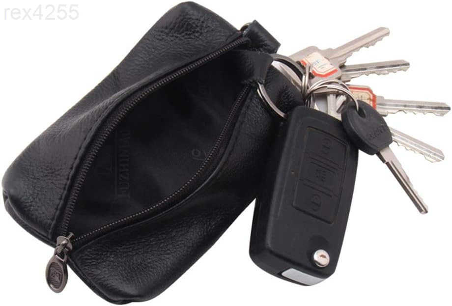 Unisex Genuine Leather Key Case Wallet Pouch Bag Keychain Holder with Key Ring Zipper BlackW250911