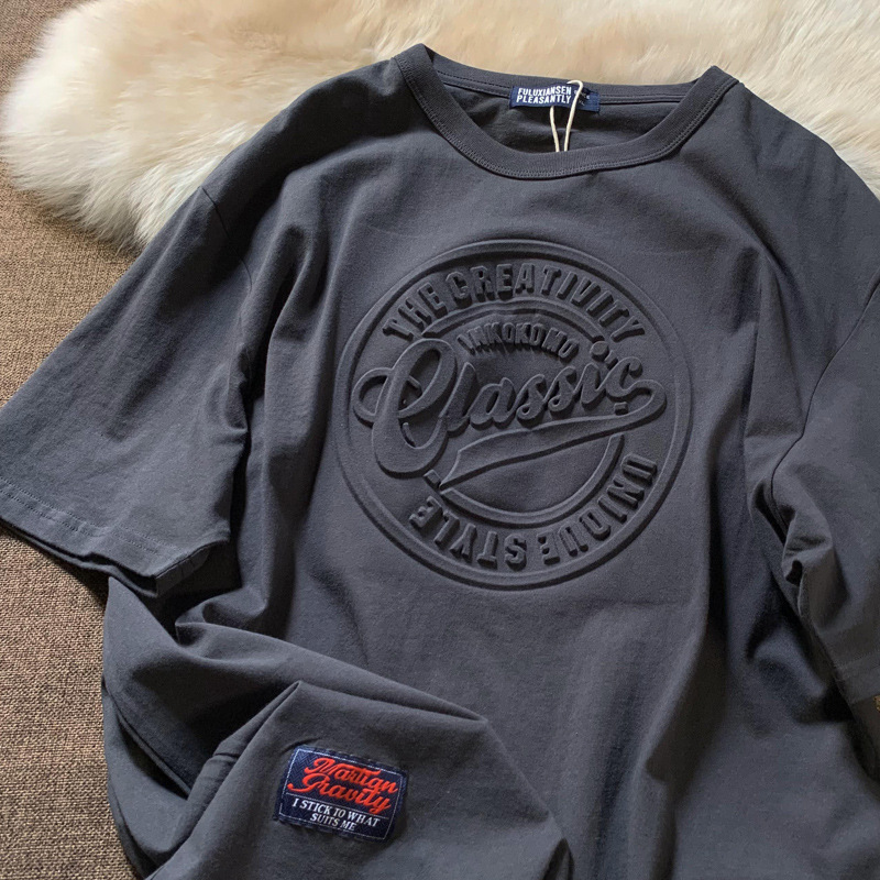 Men's 3D Embossed 100% Cotton Short Sleeve T-Shirt, Custom Style, Anti-Shrink, Black/Red Selectable