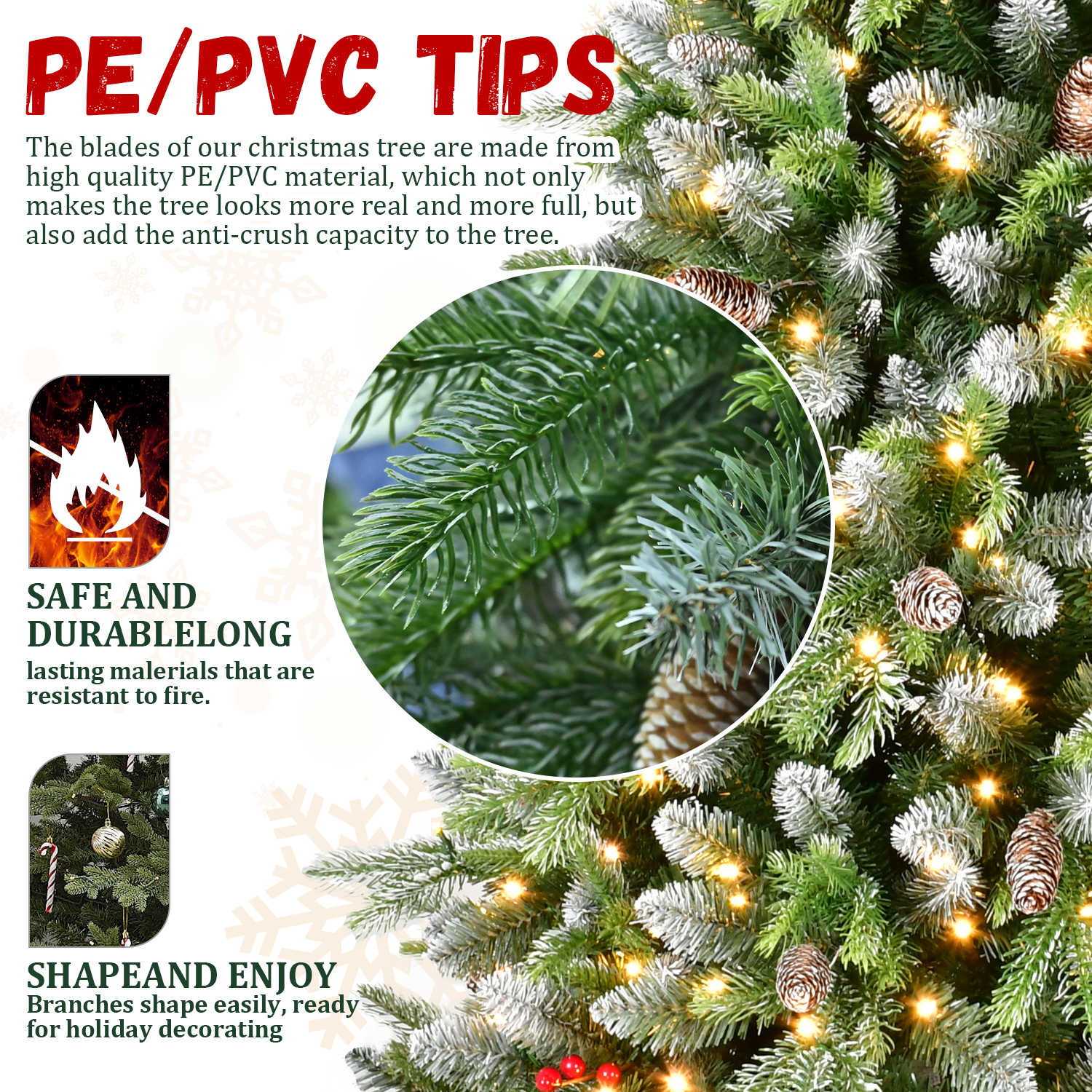 PVC & PE Mixed Warm White Christmas Tree with Red Berries and Natural Pine Cones - 6 Feet