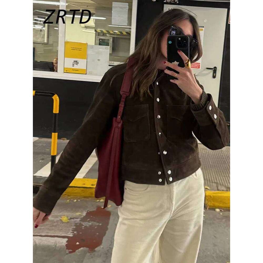 Street Women's Short Brown Suede Jacket Lapel Single Breasted Full Sleeve Pocket Female Coats 2025 Autumn Lady Commute Outerwear