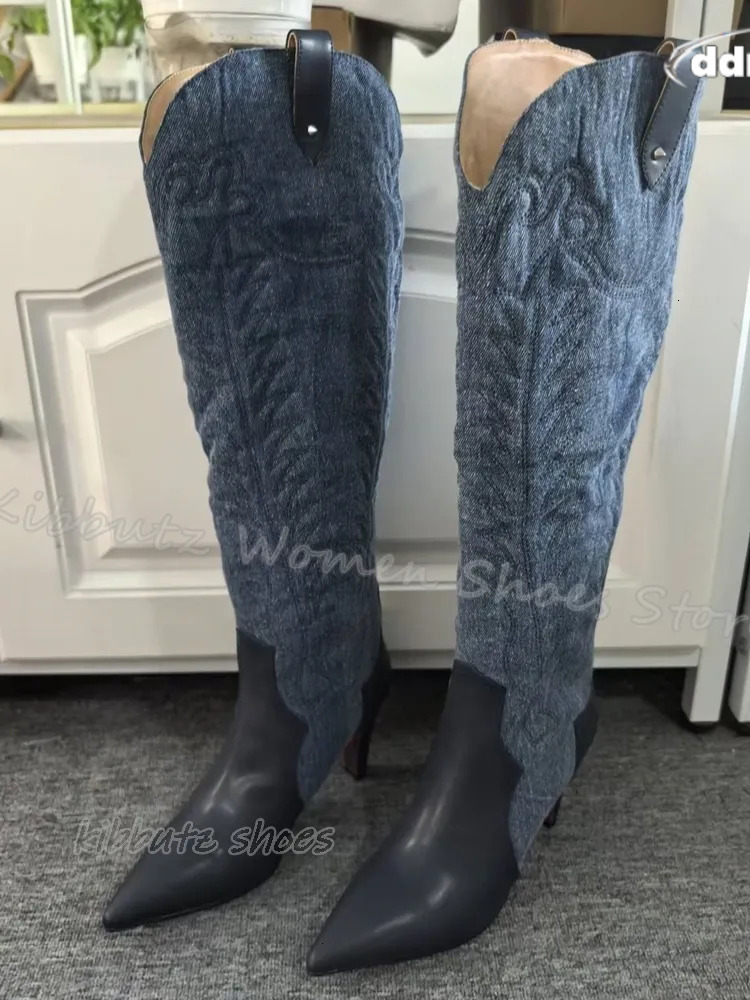 Totem Cowboy Knee High Boots Vintage Concise Elegant Fashion Slip-On Pointed Toe Thin Heels Women Shoes New Solid Color TUES