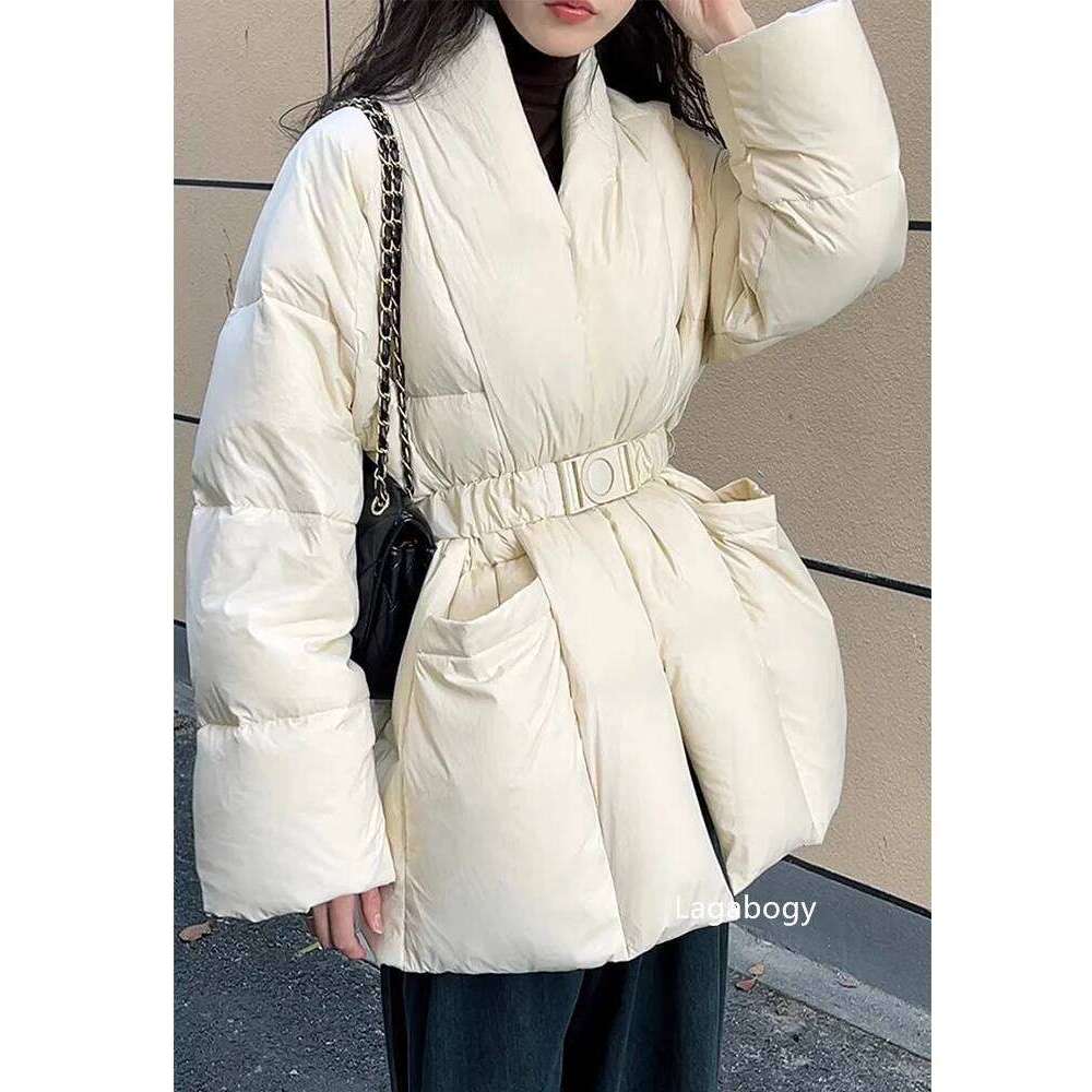 Lagabogy 2025 Winter Belt Waist-Tight Elegant Warm 90% White Duck Down Jacket Female Long Sleeve Solid Color V-Neck Puffer Coat
