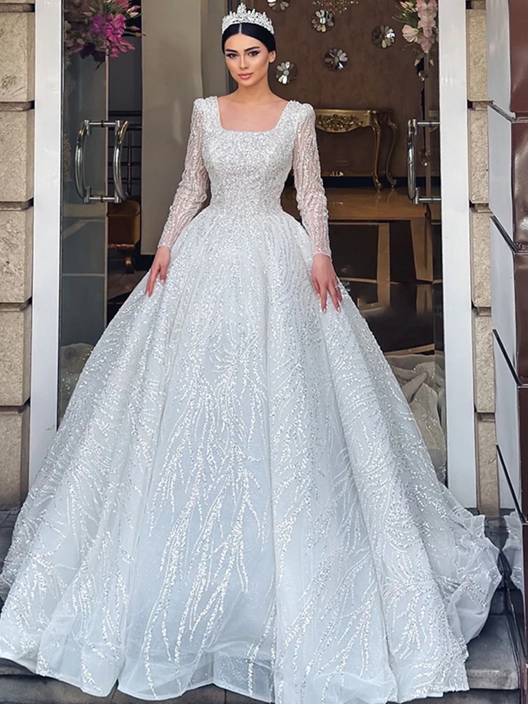 2026 Exquisite Wedding Dress With Embroidery Bead Princess Ball Gown Full Sleeve Square Collar Lace Up Sequins Bridal Gowns Vestido De Noiva