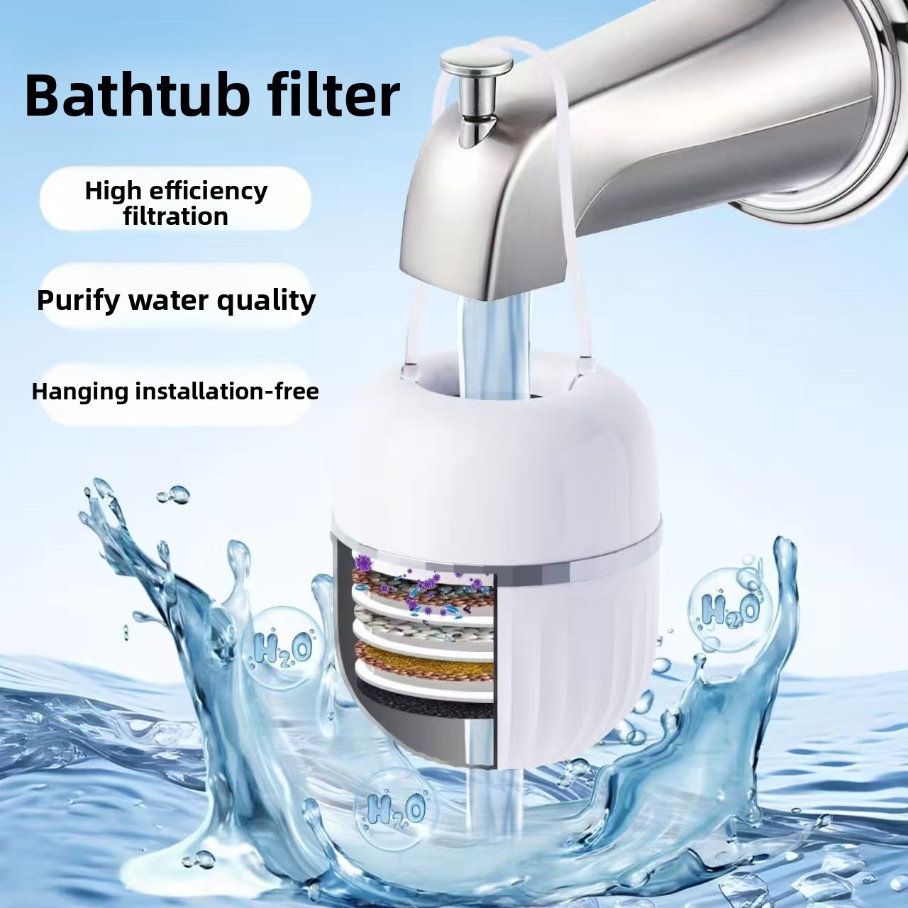 Home Bathtub Filter - No Installation Required Multi-Layer Filter Media for Efficient Water Purification High-Performance Filtration-L01