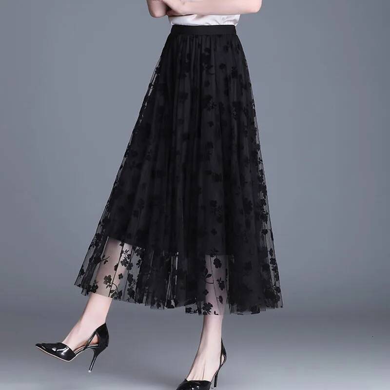 Korean Women Mesh Fashion Hook Flower Loose Midi Skirt Elegant Female Casual All Match Skirts Summer New dongdumaoyi