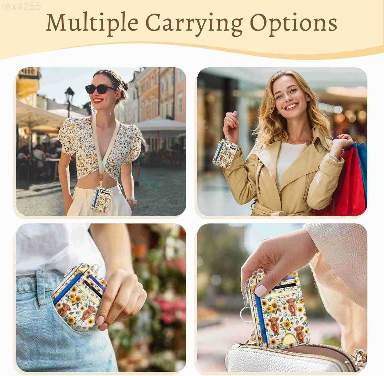 Cow Sunflower Credit Card Holder Small Wallet Women Slim RFID Blocking Wallet Woman Keychain with Zipper Coin Pocket Front Pocket Thin Travel Card Cas
