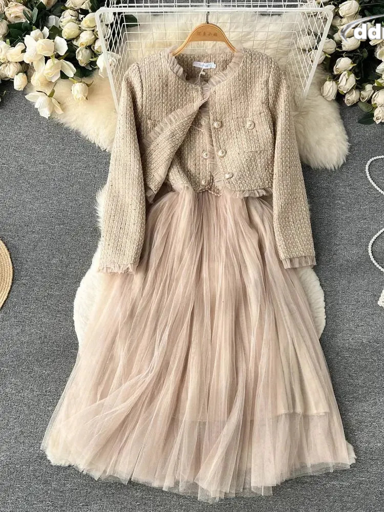 Autumn Spaghetti Strap Woolen Patchwork Mesh Tulles Midi Dress Short Tweed Jacket Coat For Women 2 Pieces Set Outfits 240708 TUES