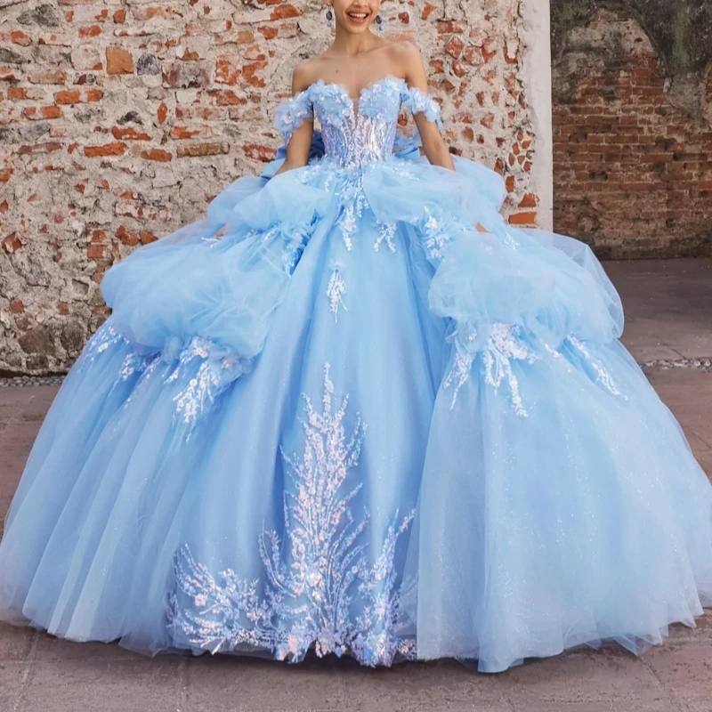 Sky Blue Quinceanera Dresses Ball Gown Off The Shoulder Sequin Applique Lace Beads Bow Tiered Tull Corset Party Birthday Sweet 16 Dress Vestidos 15 De