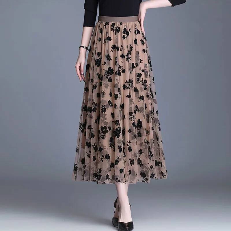 Korean Women Mesh Fashion Hook Flower Loose Midi Skirt Elegant Female Casual All Match Skirts Summer New dongdumaoyi