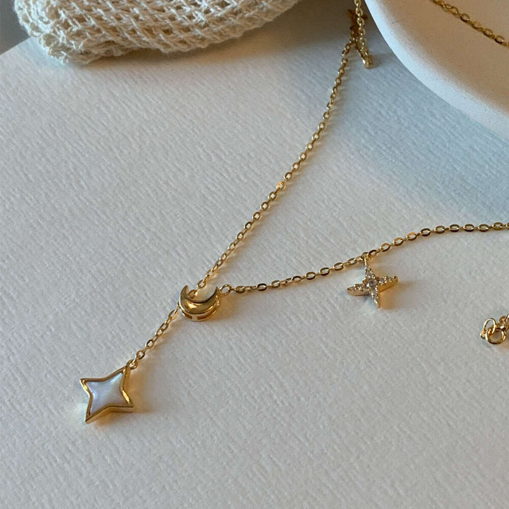 S Pure Sier Gold-Plated Star Moon White Shell Pendant Tassel Necklace for Women Elegant and Exquisite Collarbone Chain