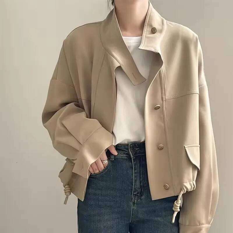 Elegant Women Short 2025 New Spring Autumn Locomotive Jacket Casual Windbreaker Standing Collar Drawstring Trench Coat