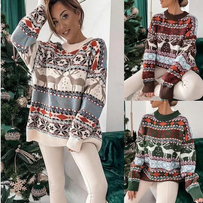 New retro Christmas outfit men deer jacquard sweater autumn and winter loose lazy style men and women sweater men clothing