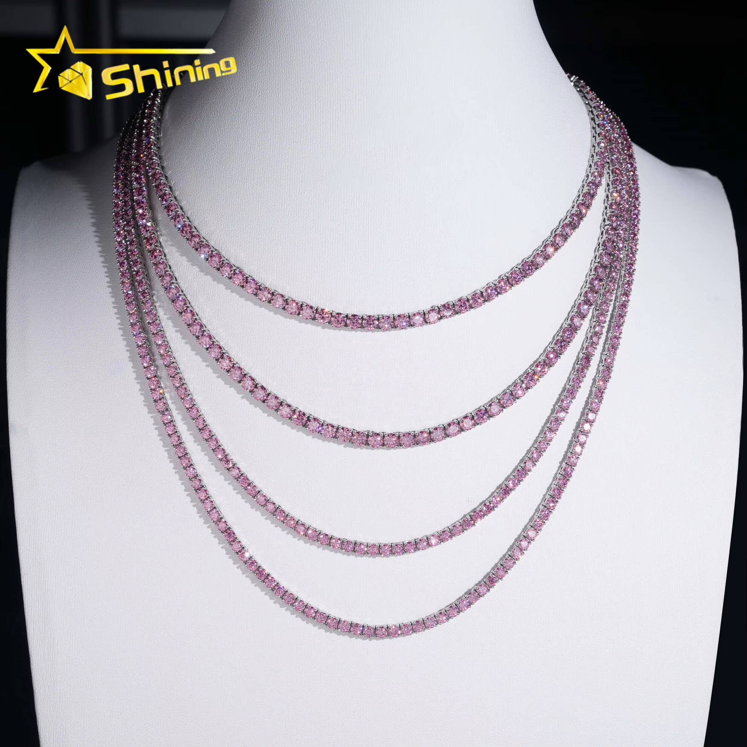 Pass Diamond Tester Hip Hop 3mm 4mm Blue Green Pink Gold 925 Silver Color Moissanite Tennis Chain