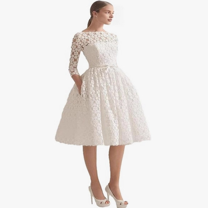 Elegant Short Lace Wedding Dress Boat Neck Half Sleeves Bow Sash A-line Tea Length Bridal Bride Garden Party Gowns Vestidos De Novia