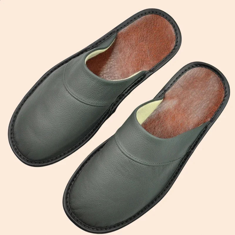 Cow Leather Slippers Unisex Big Sizes Linen Home Male Indoor House for Mens Slippers Women Man Slipper Soft Flat Shoes250906