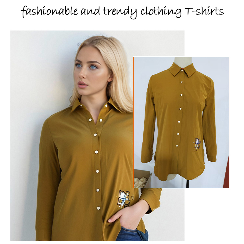 Women's Long Sleeve Collared Shirt with Cartoon Embroidery - Mustard Yellow