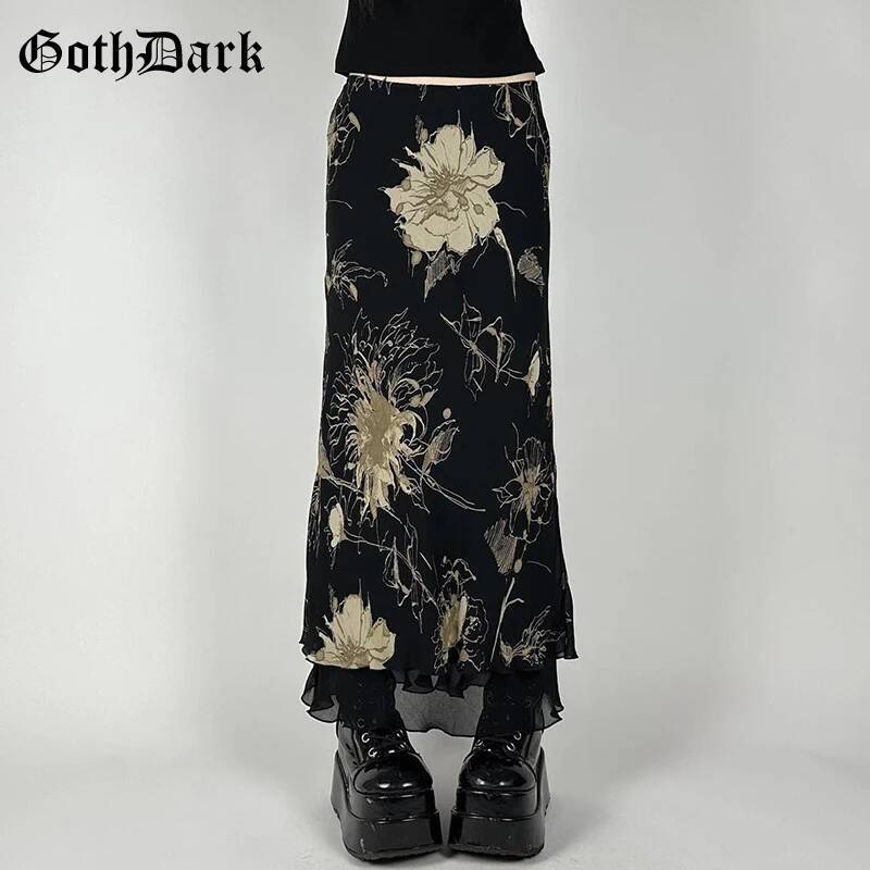 Goth Dark Y2K Aestheics Double Layer Mesh A-line Skirt Women Fashion Florals Print Slim Skirts Fairy Streetwear Gothic Bottoms dongdumaoyi