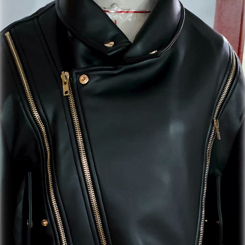 Women's Leather & Faux Leather Women's Short Black PU Leather Biker Jacket with Asymmetric Zippers