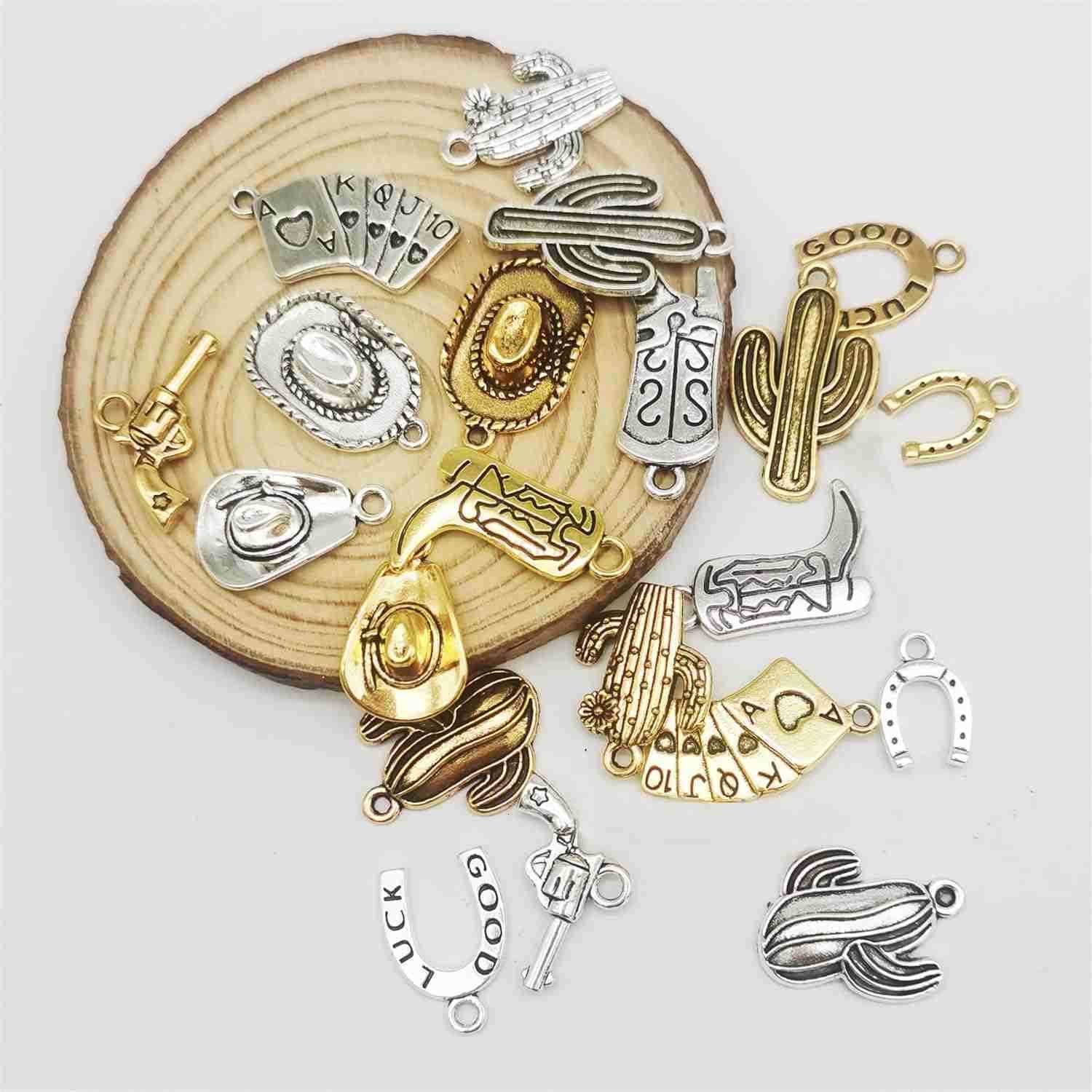 Wang 100 Grams Alloy Western Cowboy Cowgirl Charms Antique Silver Gold Color Boot Hat Pendants for Necklace Earrings Jewelry Making Women Gifts CraftW