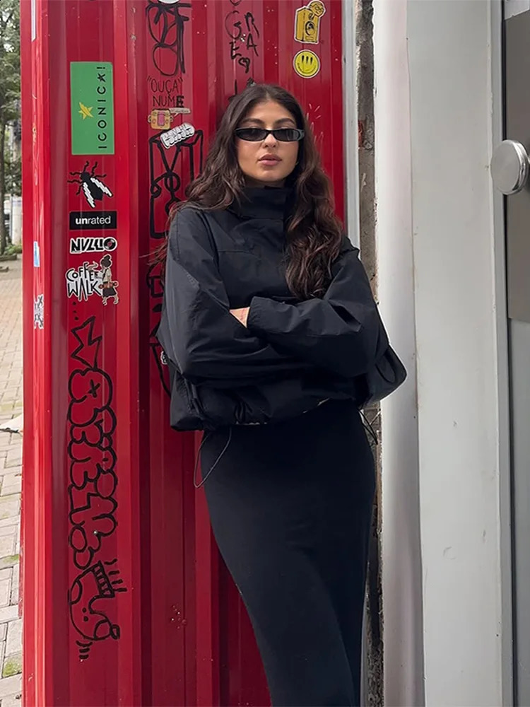 Fashion Stand Collar Womens Jacket Long Sleeve Drawstring WaistClosed Lady Jackets Autumn Winter Casual Female Streetwear 250911